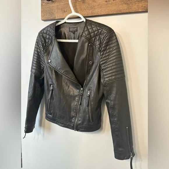 Topshop Women's Black Leather Biker Jacket size Small - Picture 5 of 10